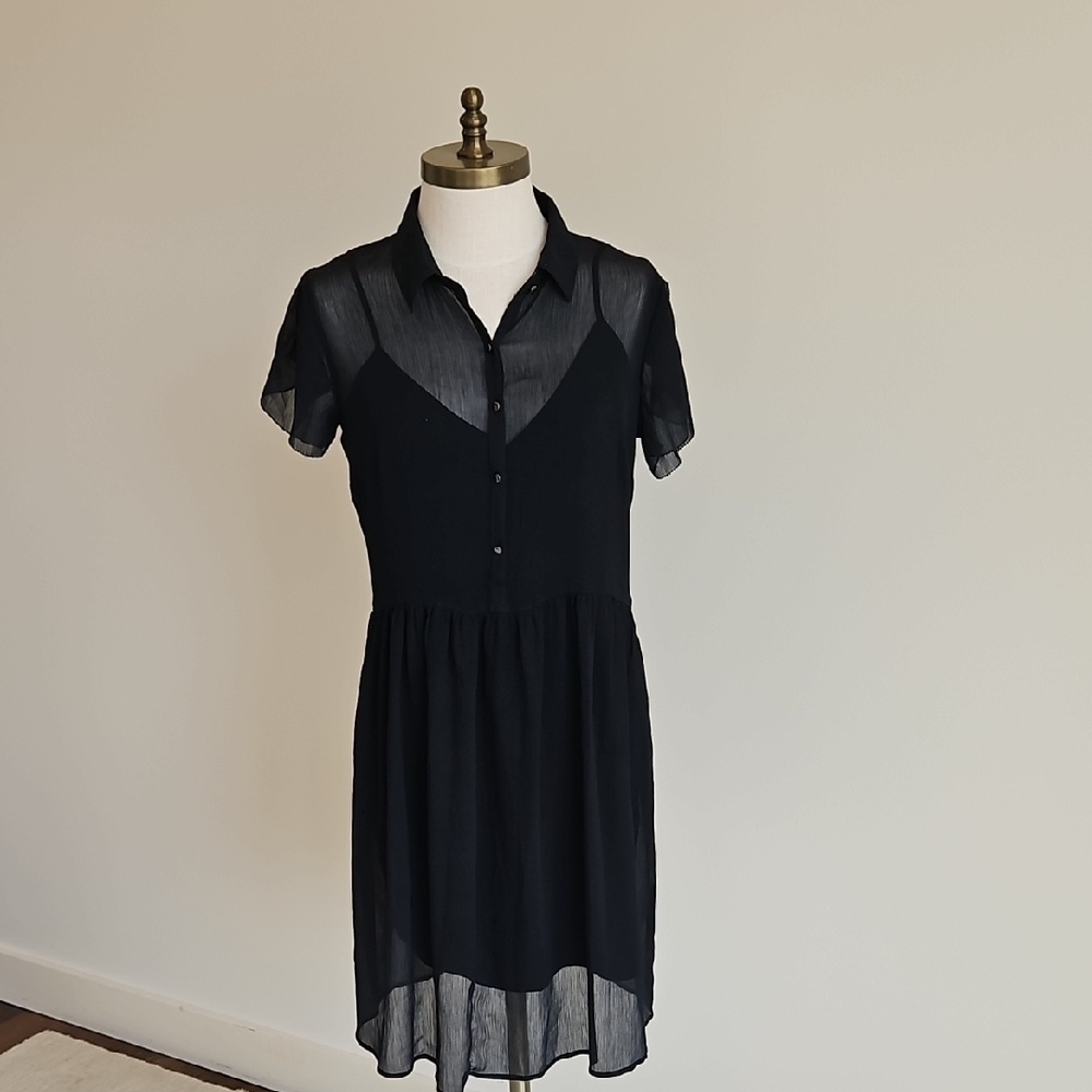Abercrombie & Fitch Black Sheer Collared Midi Dress